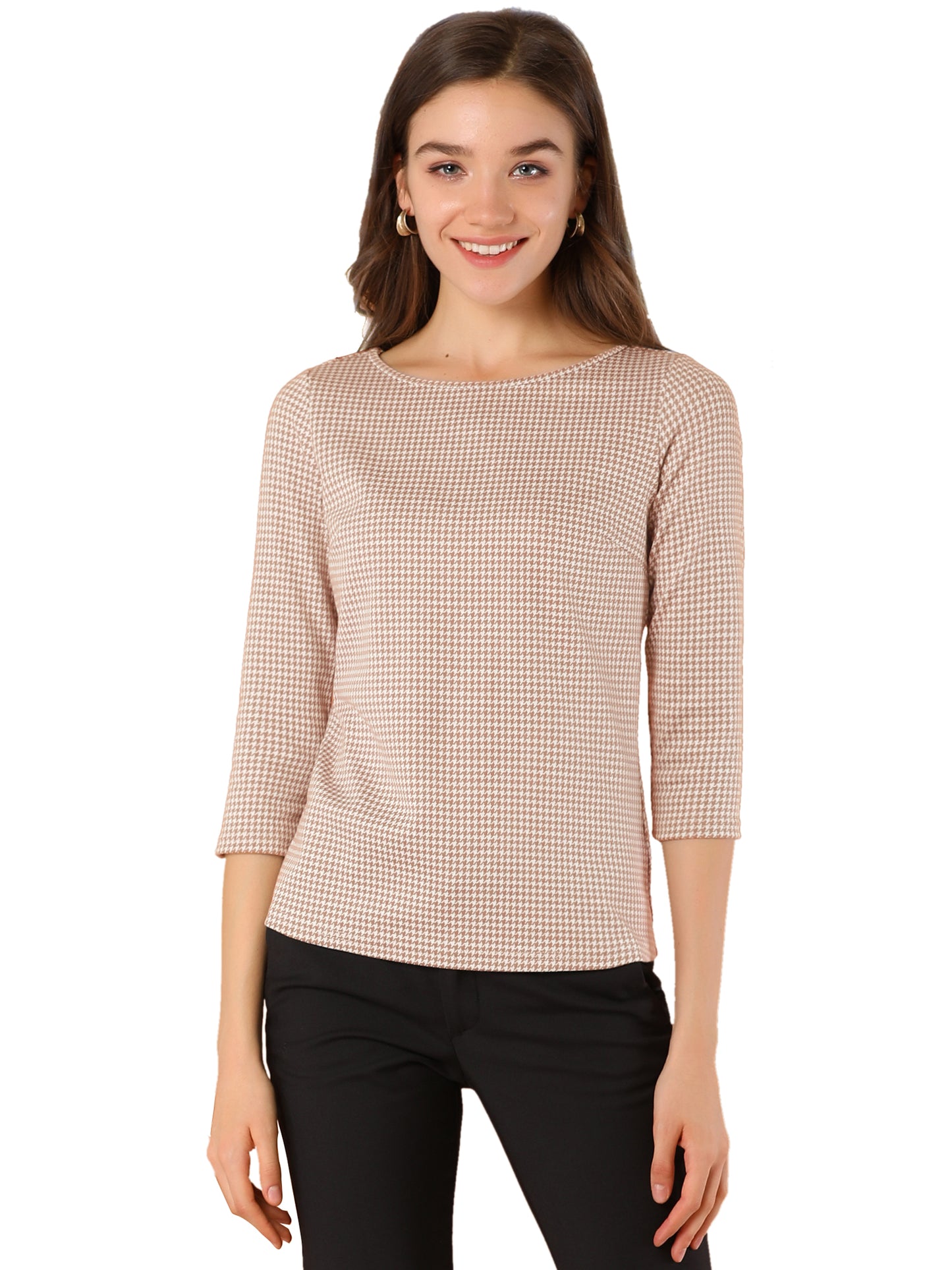 Women Houndstooth Plaid Boat Neck 3/4 Sleeve Blouse Fall Outfits