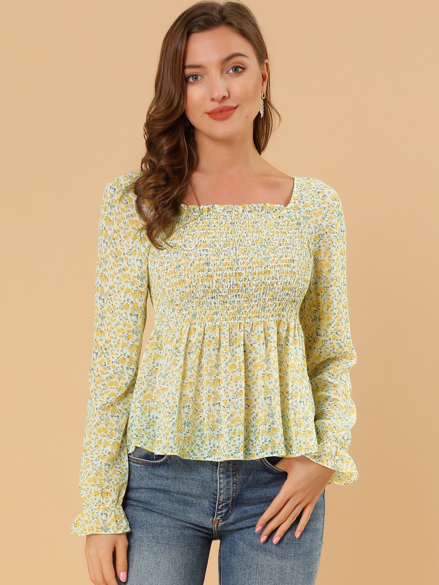 Women's Smocked Floral Printed Square Neck Chiffon Peplum Blouse Top