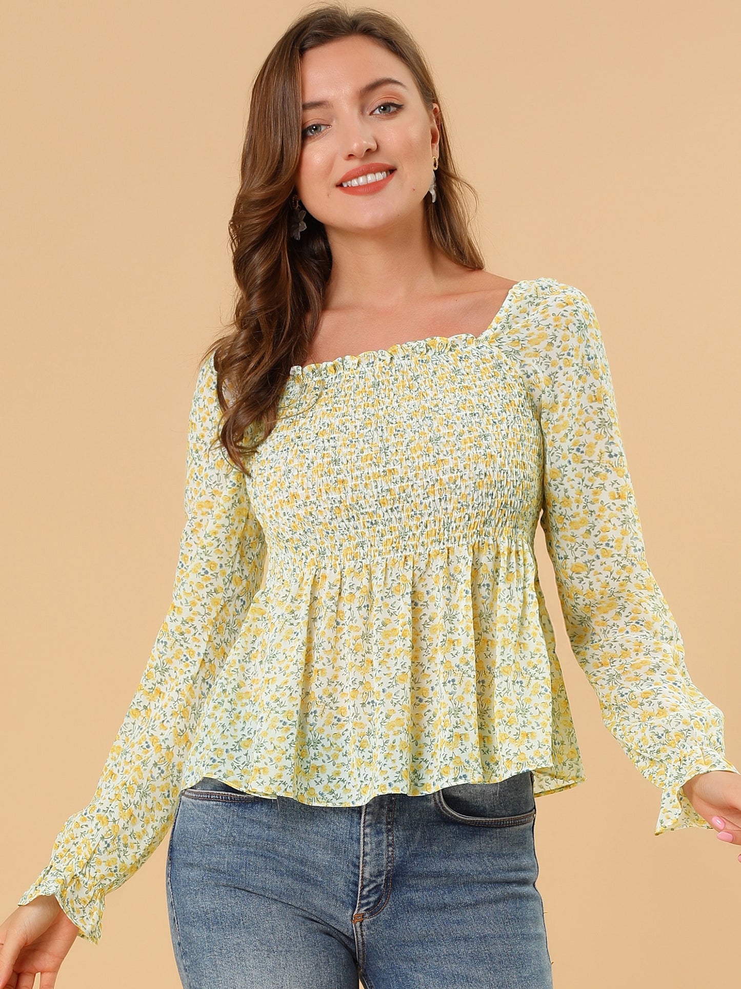 Women's Smocked Floral Printed Square Neck Chiffon Peplum Blouse Top