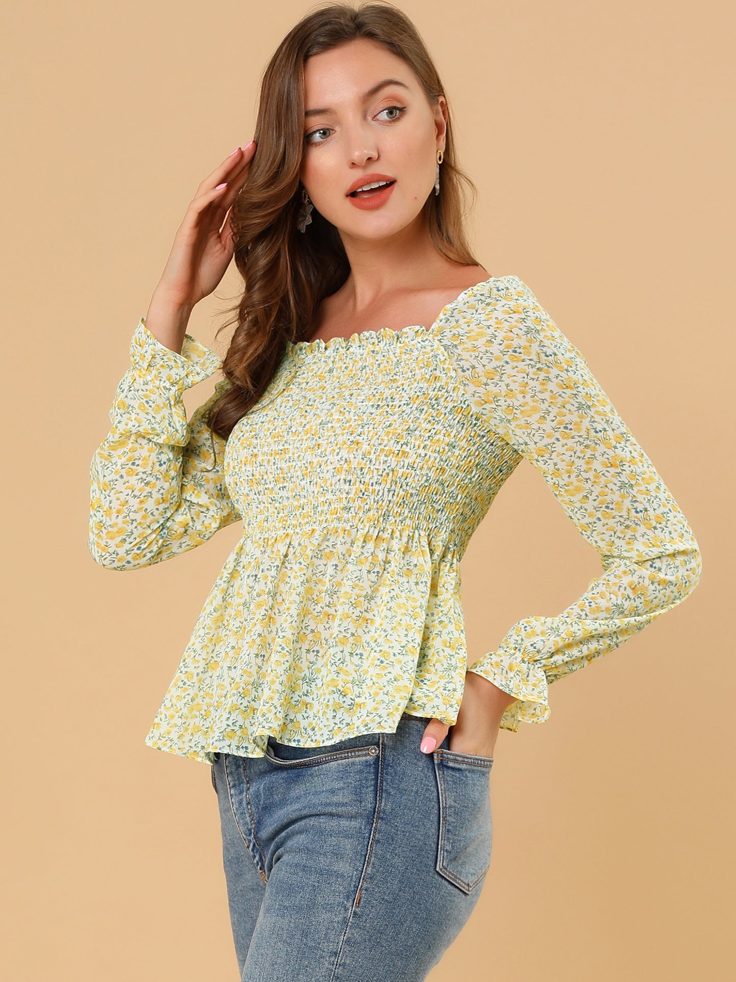 Women's Smocked Floral Printed Square Neck Chiffon Peplum Blouse Top