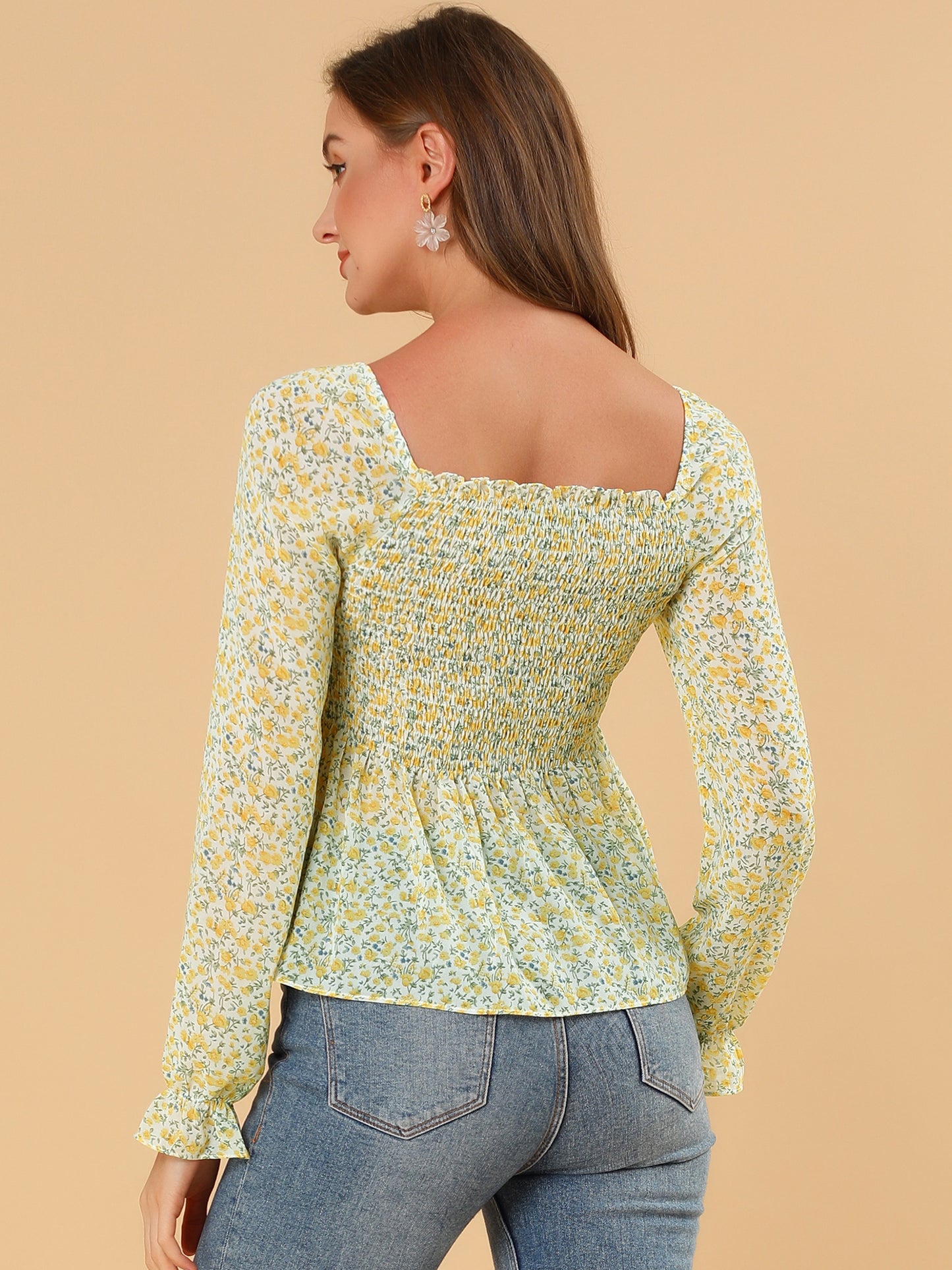 Women's Smocked Floral Printed Square Neck Chiffon Peplum Blouse Top