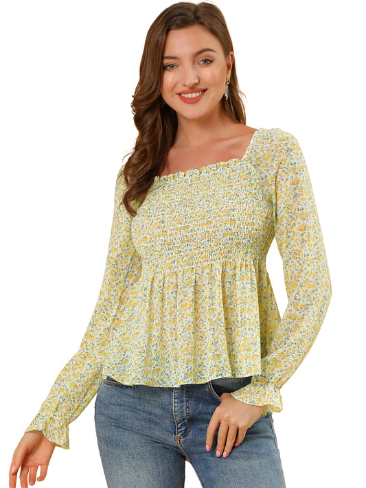 Women's Smocked Floral Printed Square Neck Chiffon Peplum Blouse Top