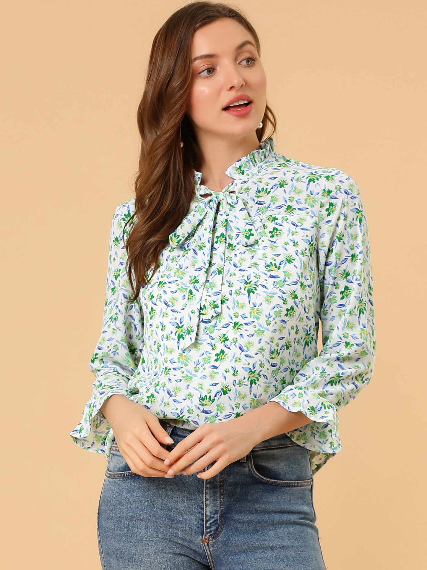 Women's Ruffle Collar 3/4 Sleeve Tie Neck Chiffon Floral Blouse Top