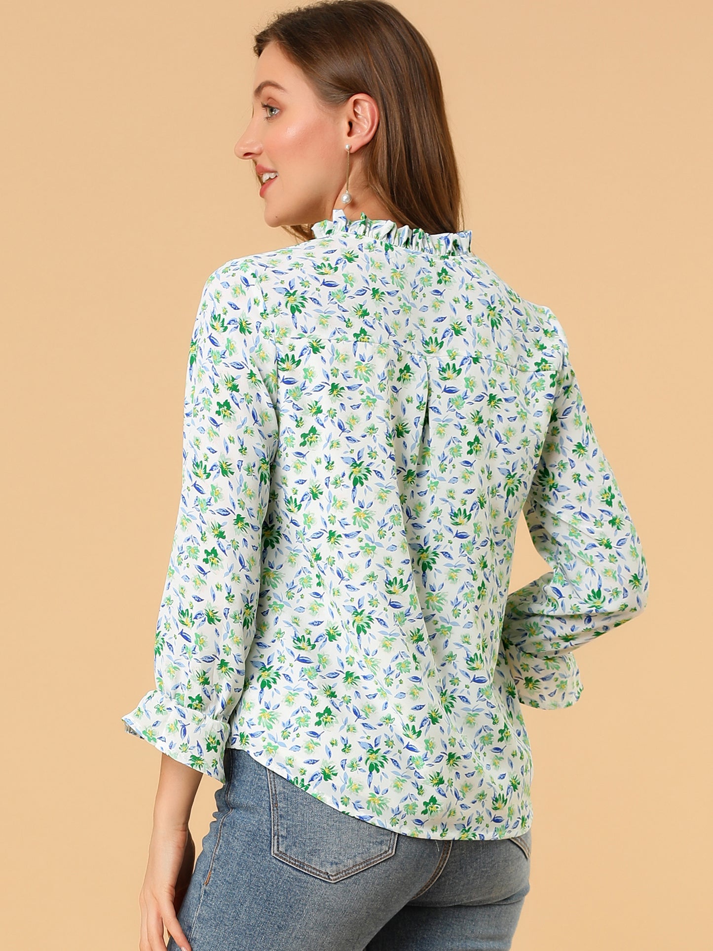 Women's Ruffle Collar 3/4 Sleeve Tie Neck Chiffon Floral Blouse Top