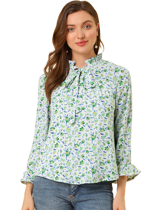 Blusa de gasa con estampado floral, cuello con volantes, mangas 3/4 y lazo para mujer