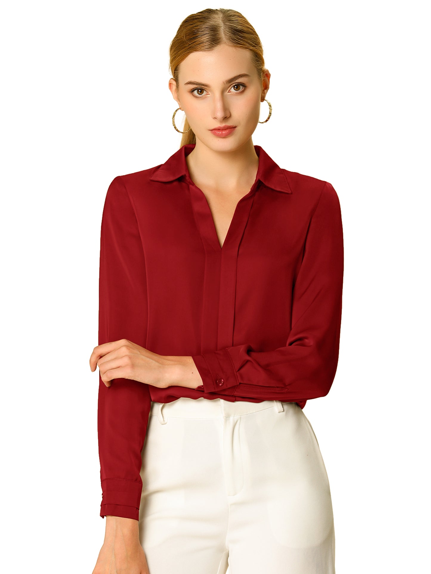 Women's Elegant V Neck Satin Long Sleeve Dressy Business Shirt Work Top (Available in Plus Size)