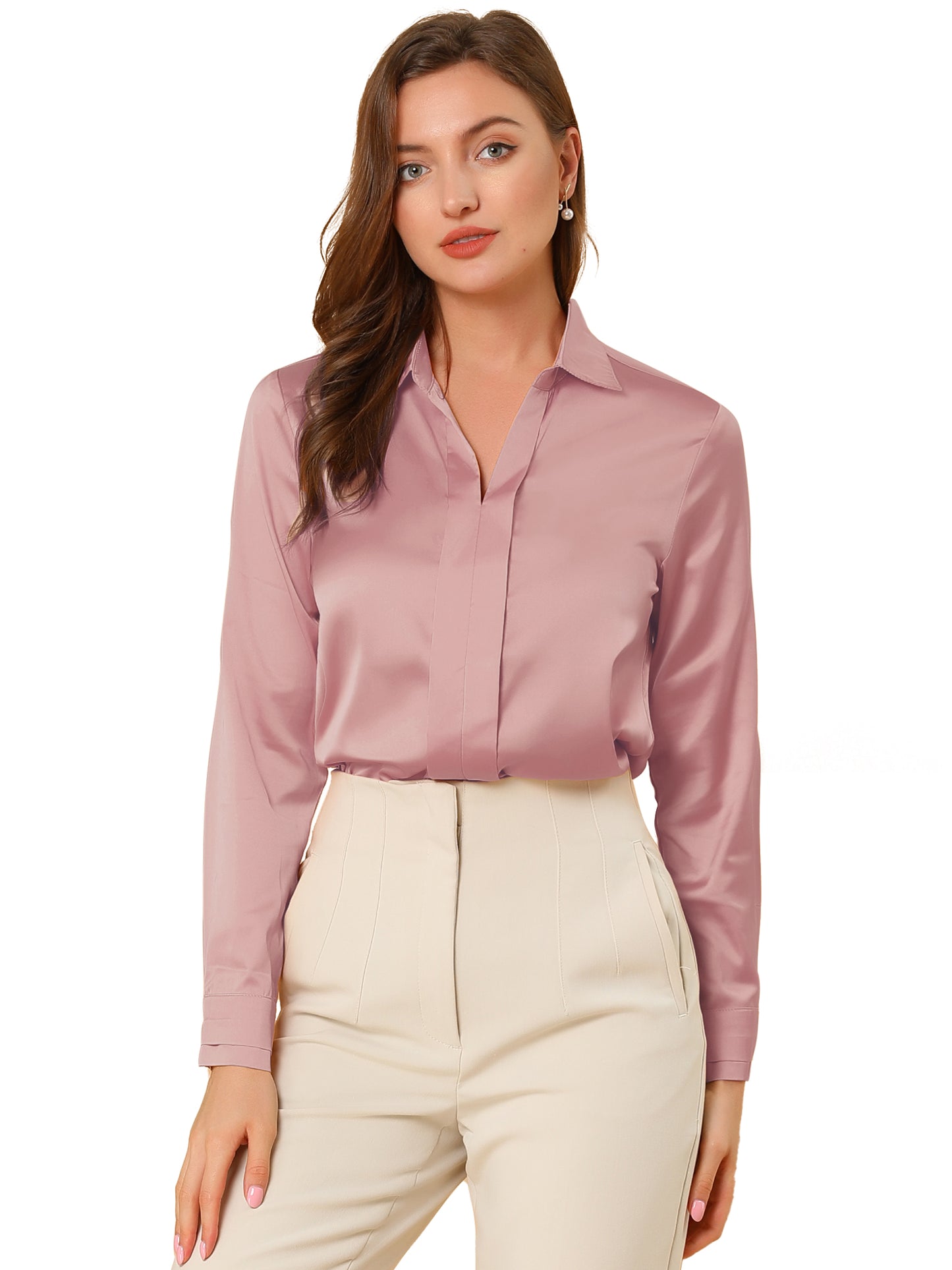 Women's Elegant V Neck Satin Long Sleeve Dressy Business Shirt Work Top (Available in Plus Size)