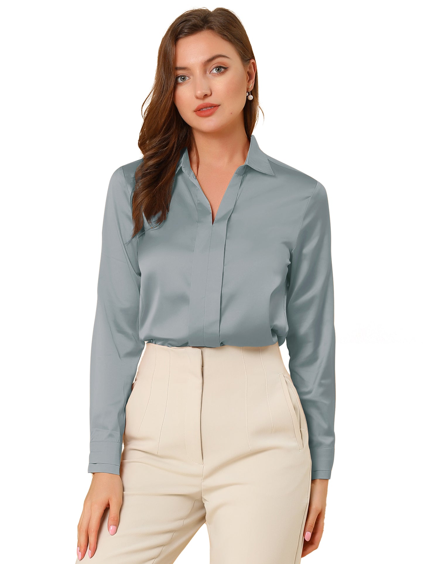 Women's Elegant V Neck Satin Long Sleeve Dressy Business Shirt Work Top (Available in Plus Size)