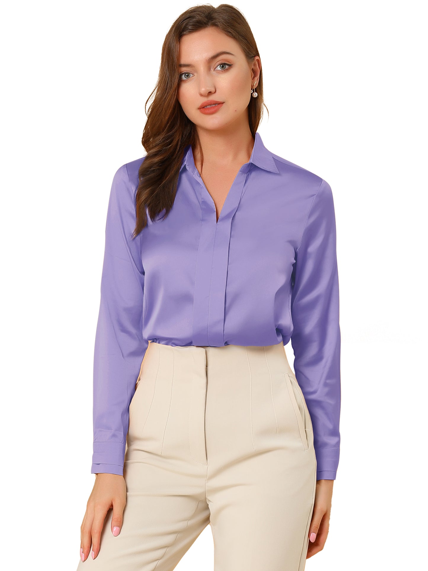 Women's Elegant V Neck Satin Long Sleeve Dressy Business Shirt Work Top (Available in Plus Size)