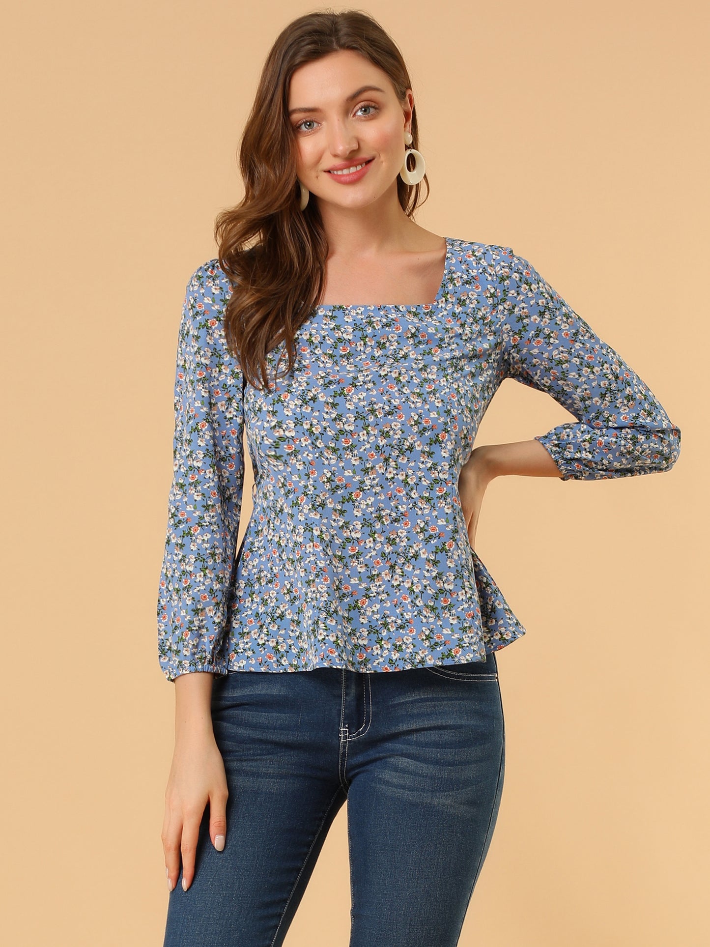 Blusa floral para mujer, cuello cuadrado, cintura con cinturón, top peplum