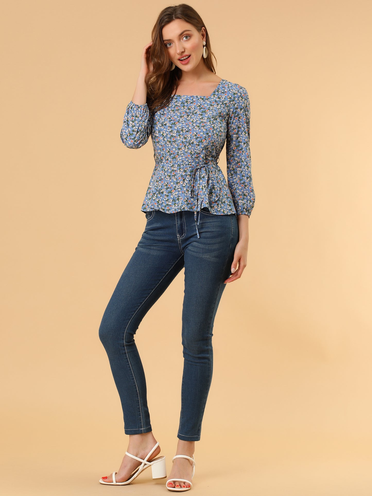 Blusa floral para mujer, cuello cuadrado, cintura con cinturón, top peplum