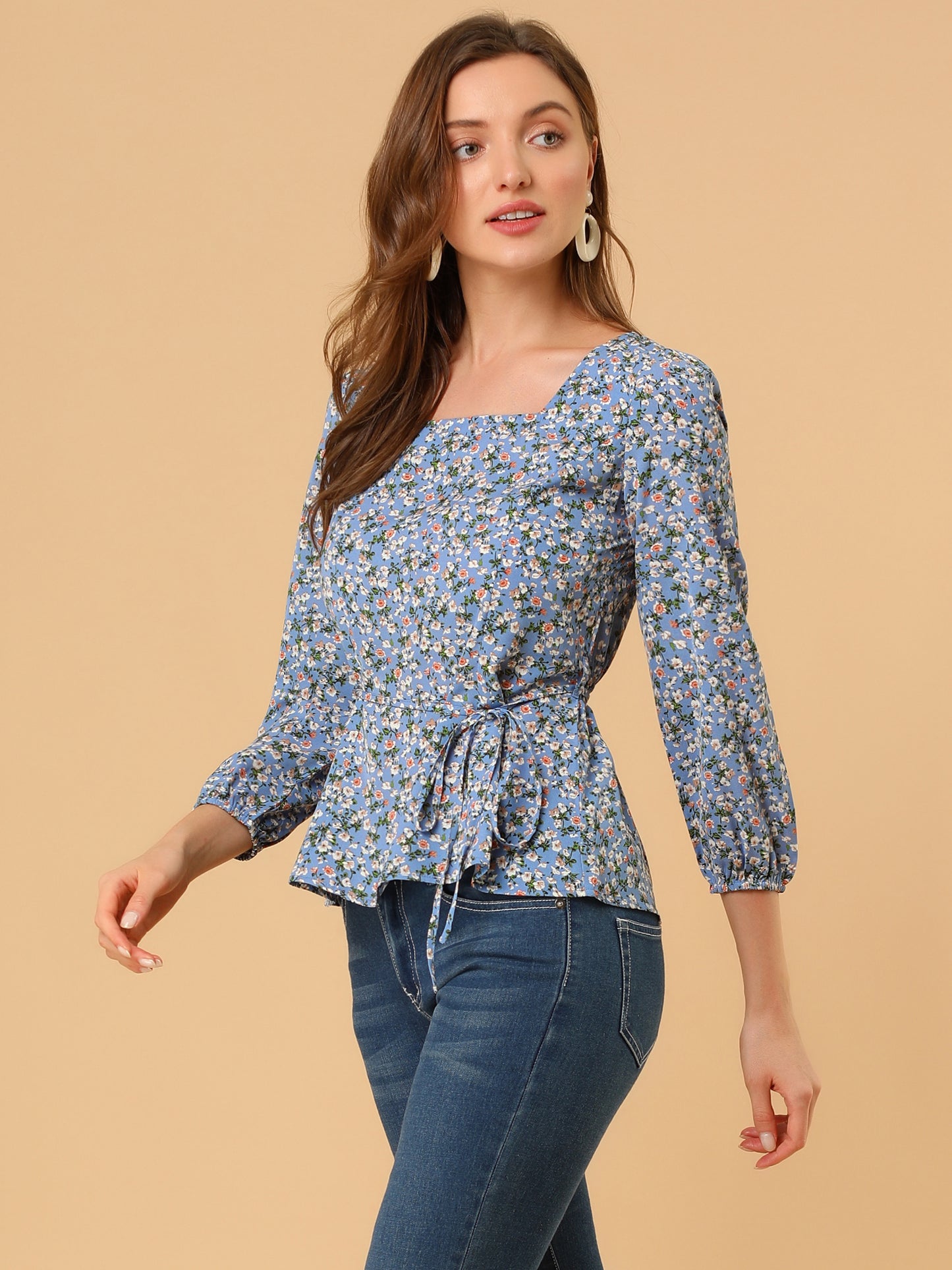 Blusa floral para mujer, cuello cuadrado, cintura con cinturón, top peplum
