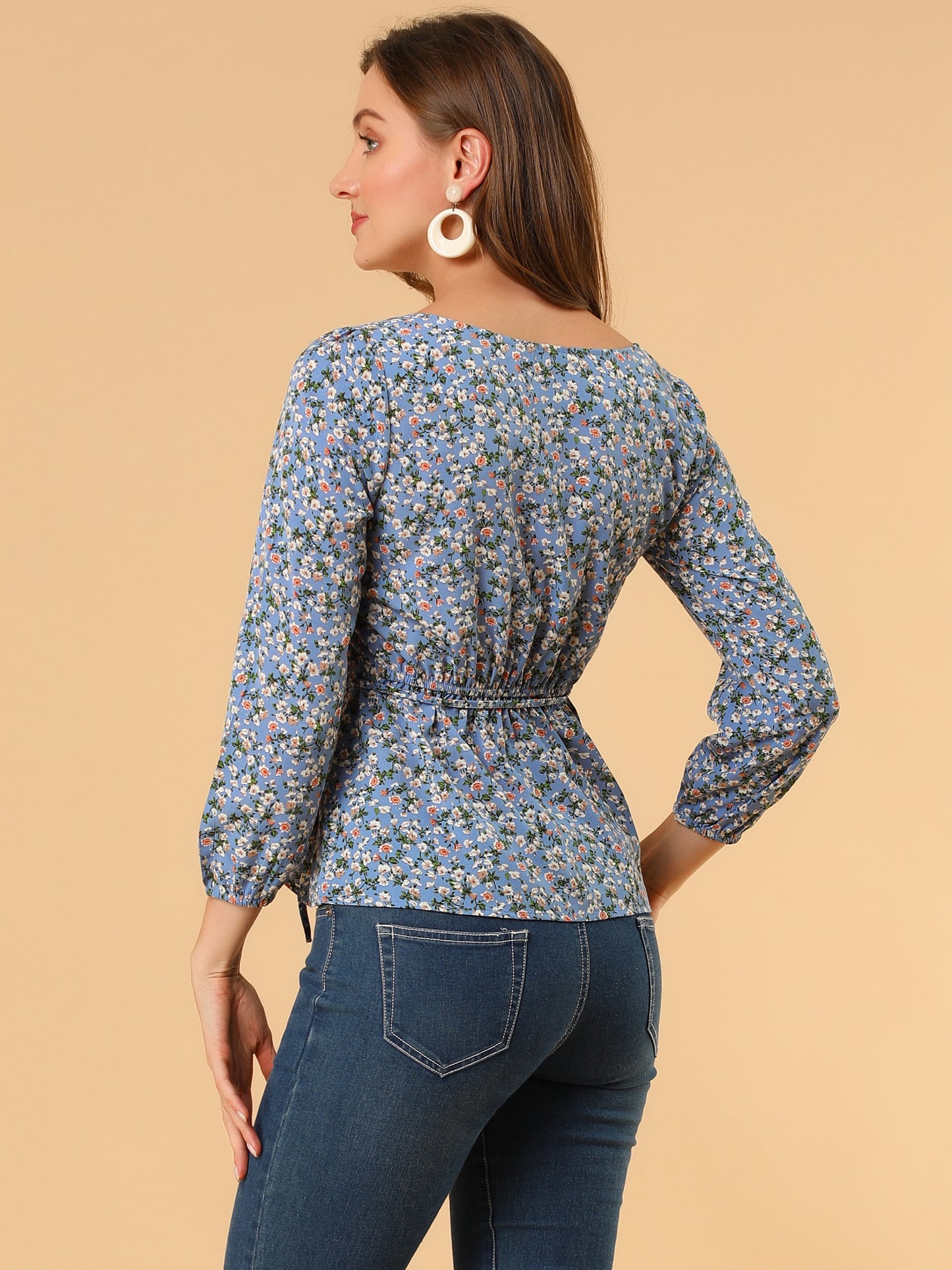 Blusa floral para mujer, cuello cuadrado, cintura con cinturón, top peplum