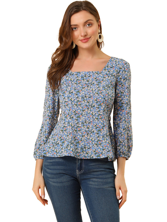Blusa floral para mujer, cuello cuadrado, cintura con cinturón, top peplum