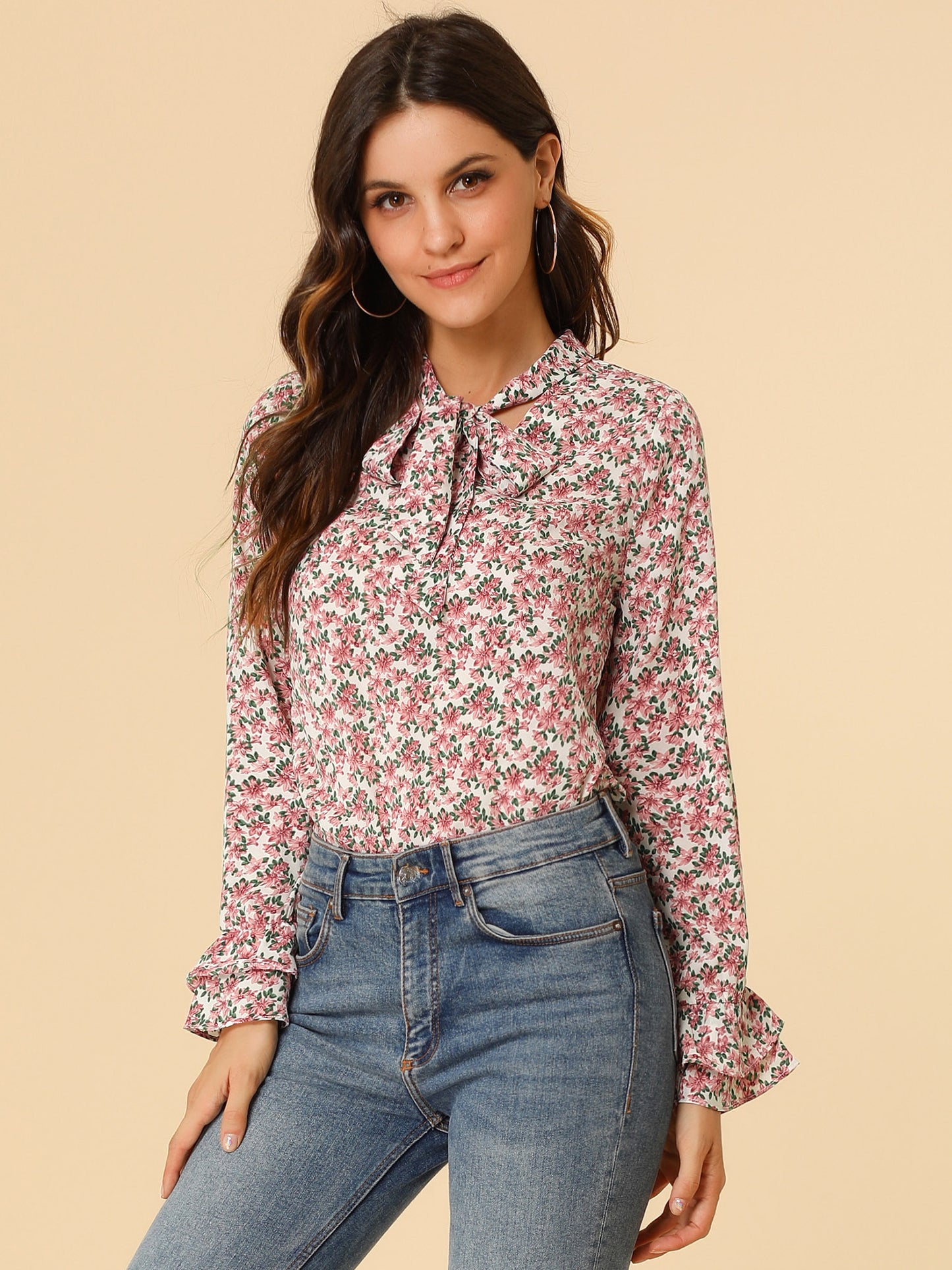 Blusa de gasa con volantes y cuello con lazo floral de manga larga para mujer