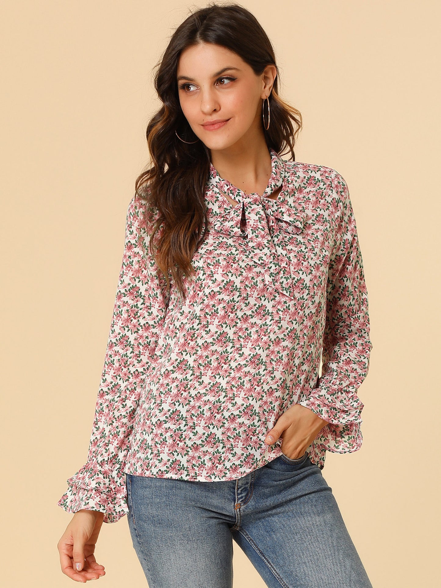 Blusa de gasa con volantes y cuello con lazo floral de manga larga para mujer