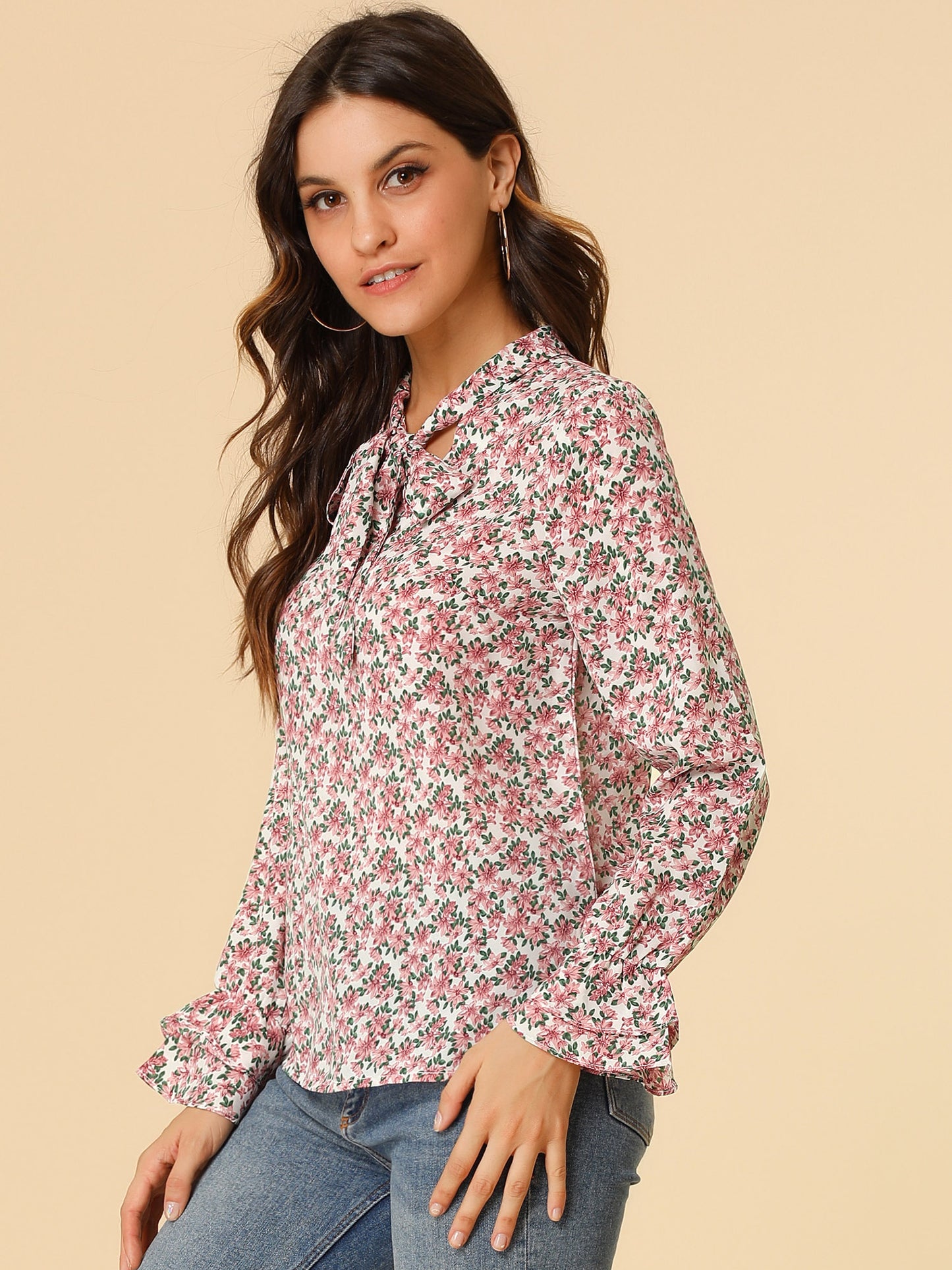 Blusa de gasa con volantes y cuello con lazo floral de manga larga para mujer