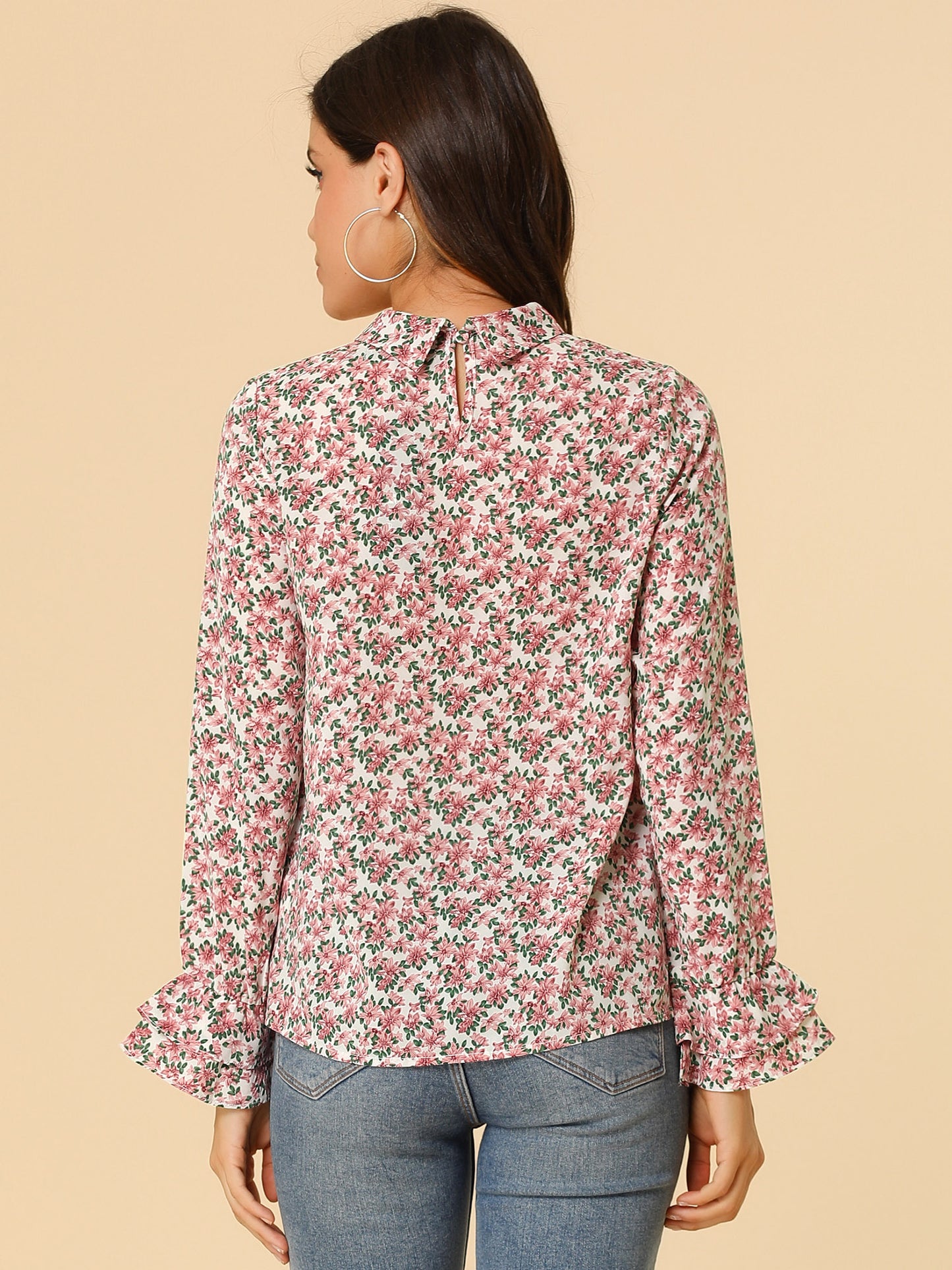 Blusa de gasa con volantes y cuello con lazo floral de manga larga para mujer