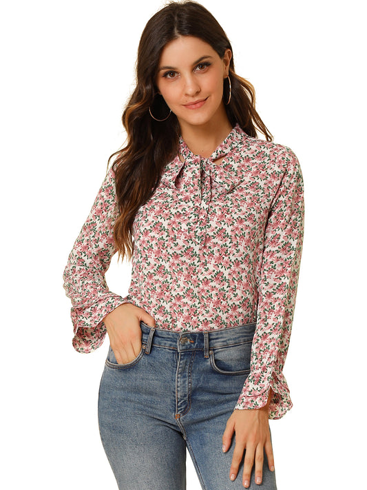 Blusa de gasa con volantes y cuello con lazo floral de manga larga para mujer