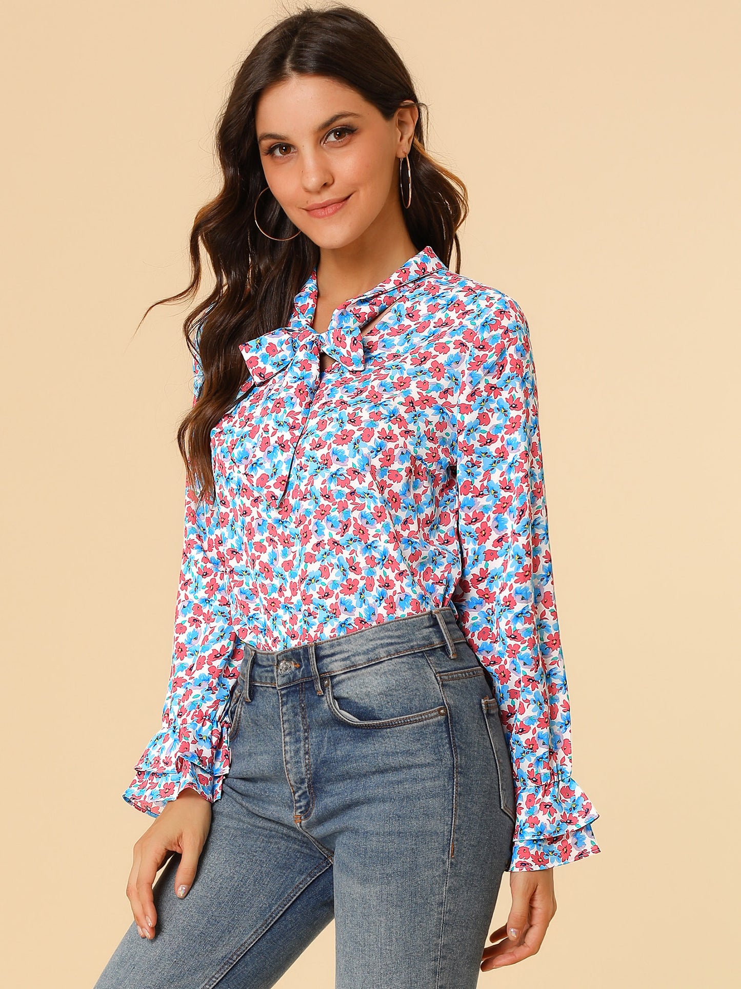 Women's Long Sleeve Blouse Floral Tie Neck Chiffon Ruffle Top