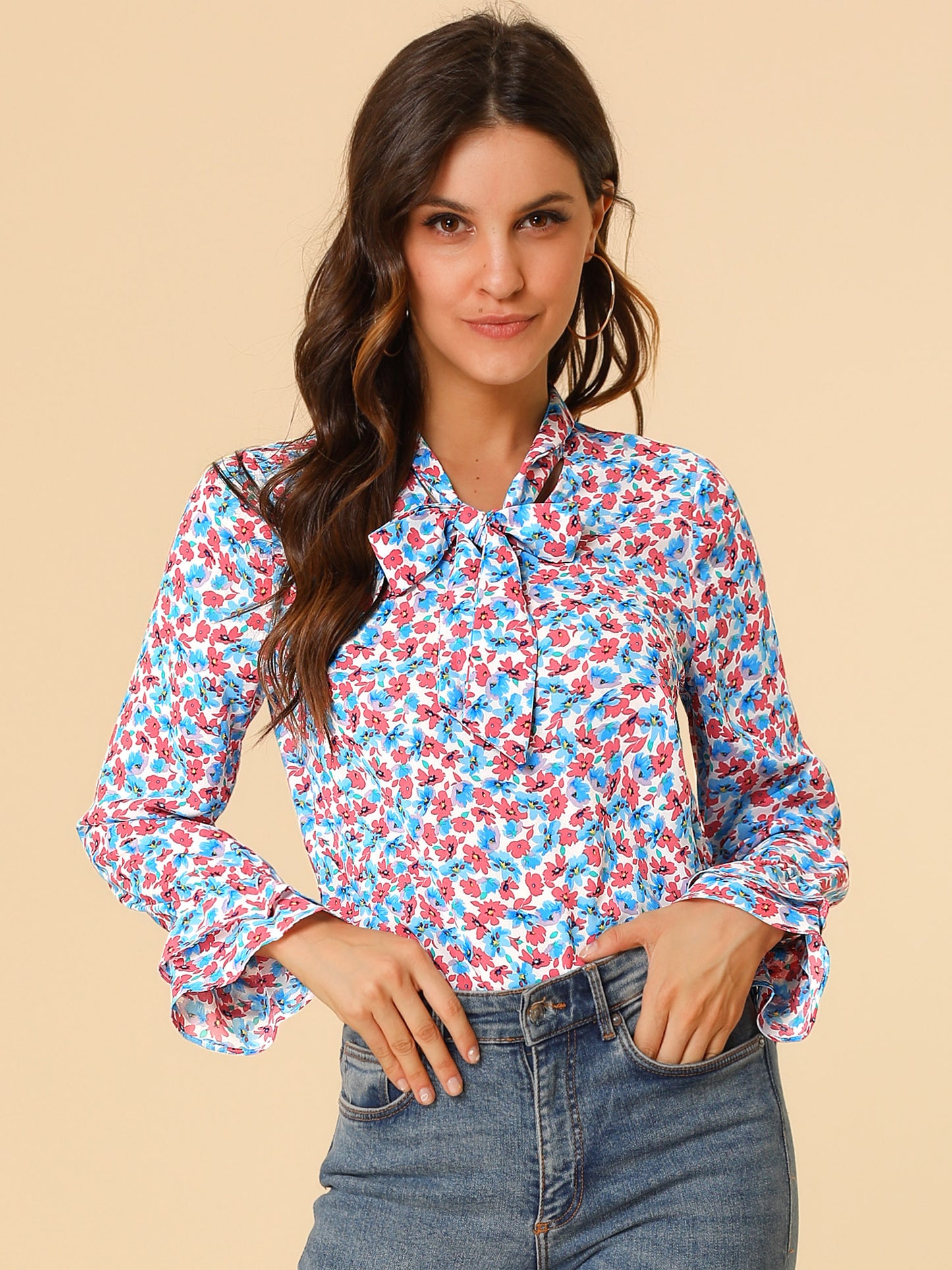 Women's Long Sleeve Blouse Floral Tie Neck Chiffon Ruffle Top