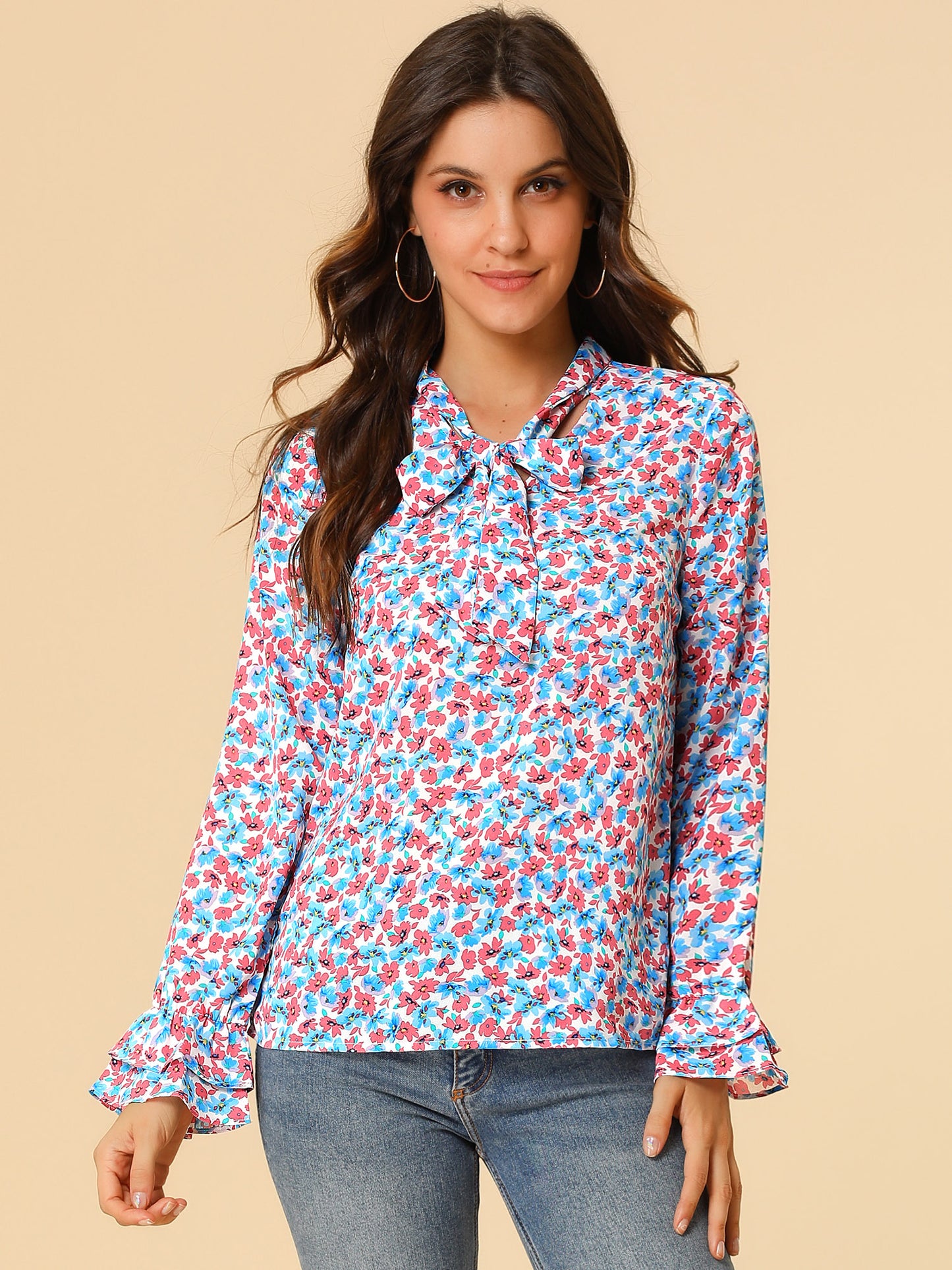 Women's Long Sleeve Blouse Floral Tie Neck Chiffon Ruffle Top