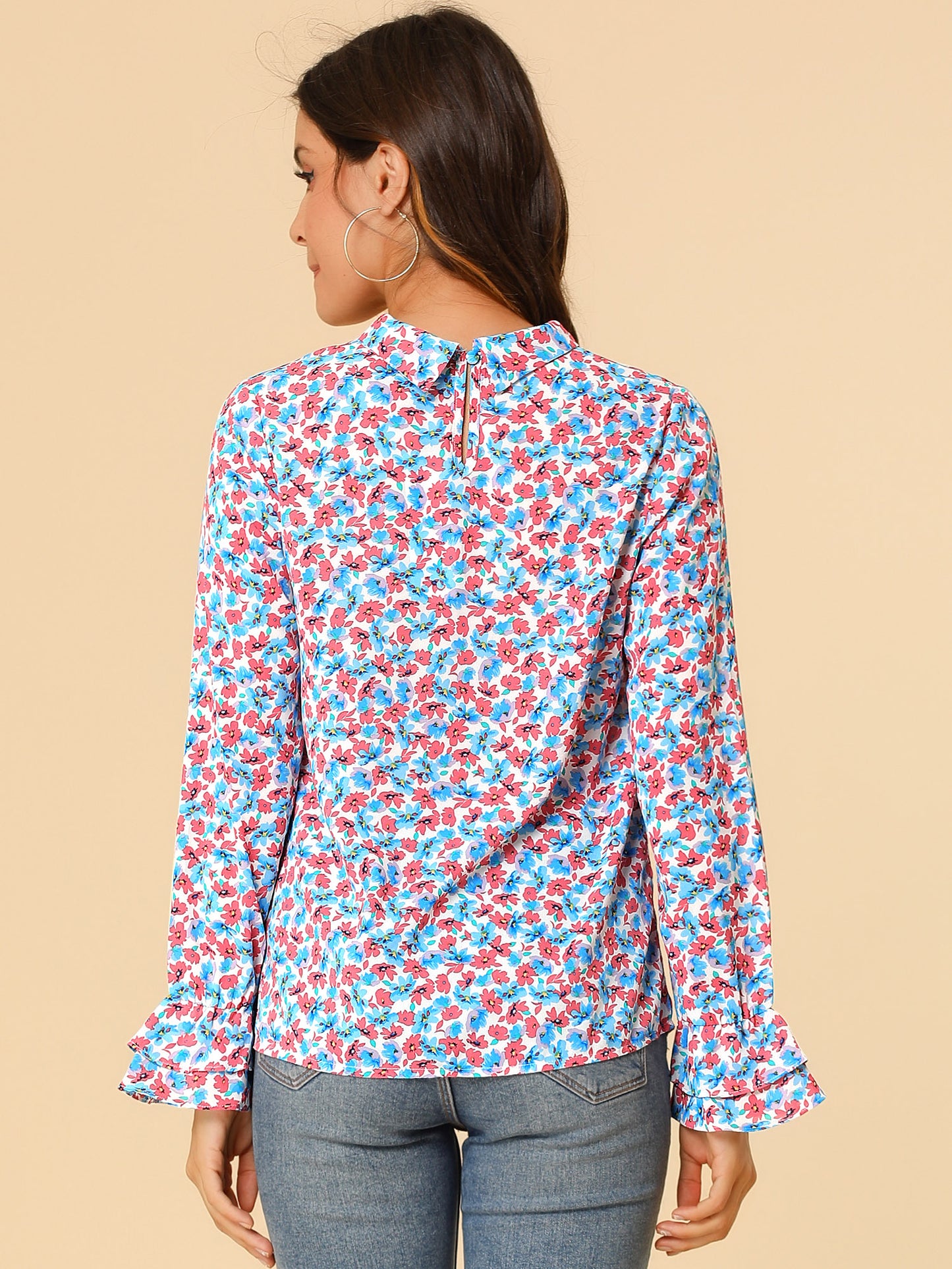 Women's Long Sleeve Blouse Floral Tie Neck Chiffon Ruffle Top