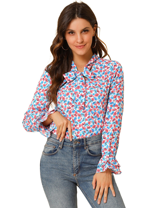 Women's Long Sleeve Blouse Floral Tie Neck Chiffon Ruffle Top