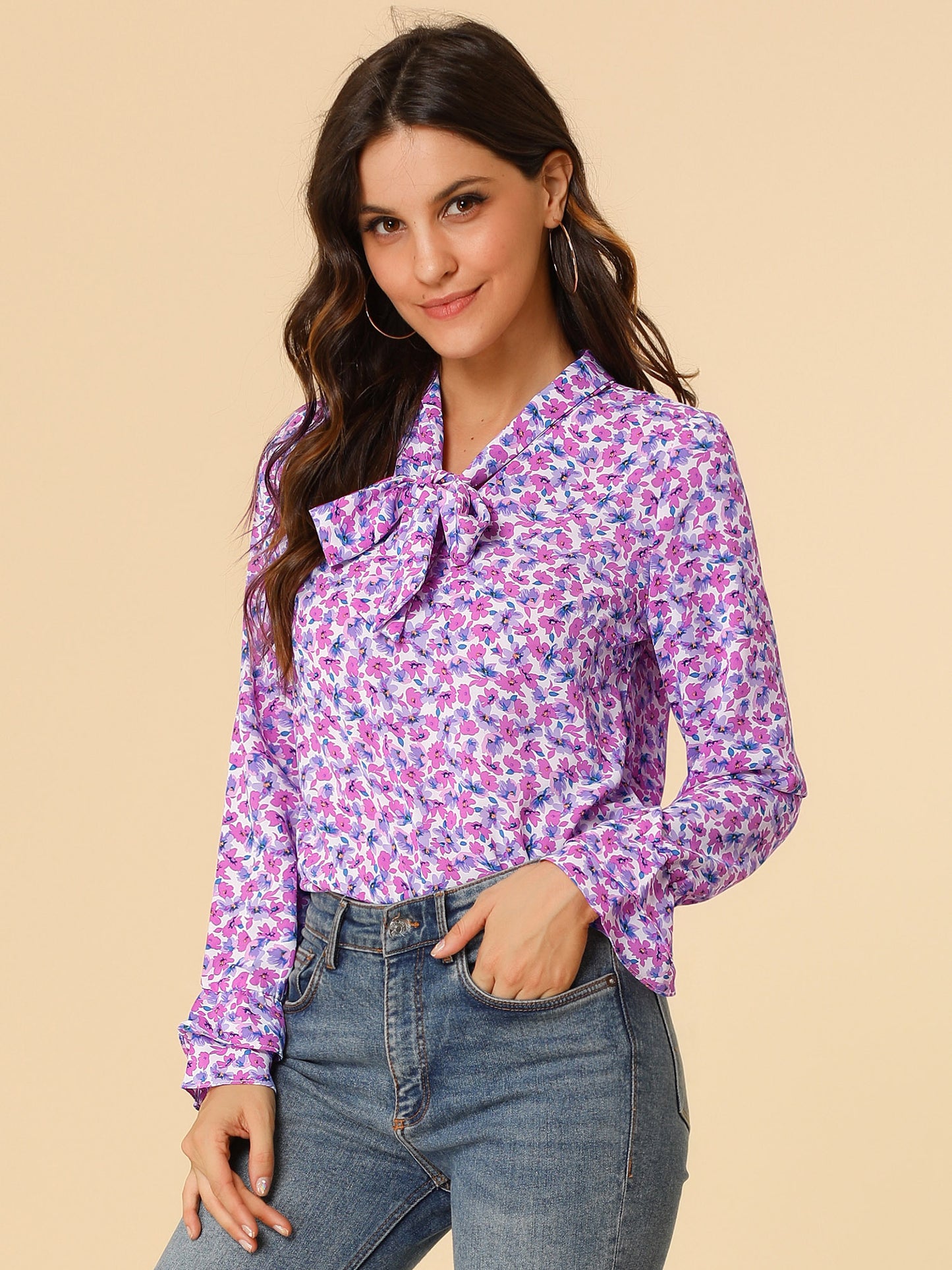Women's Long Sleeve Blouse Floral Tie Neck Chiffon Ruffle Top
