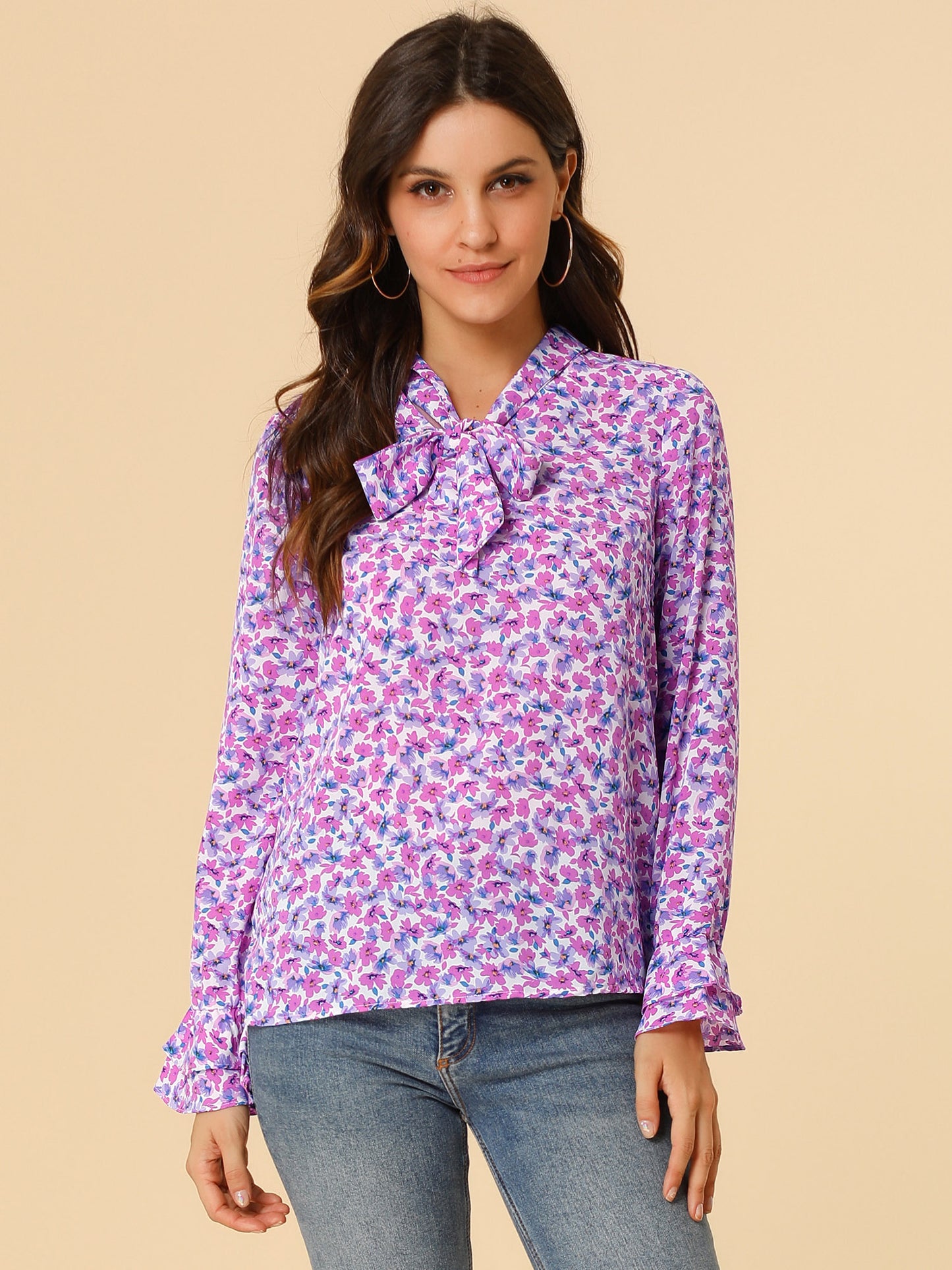Women's Long Sleeve Blouse Floral Tie Neck Chiffon Ruffle Top