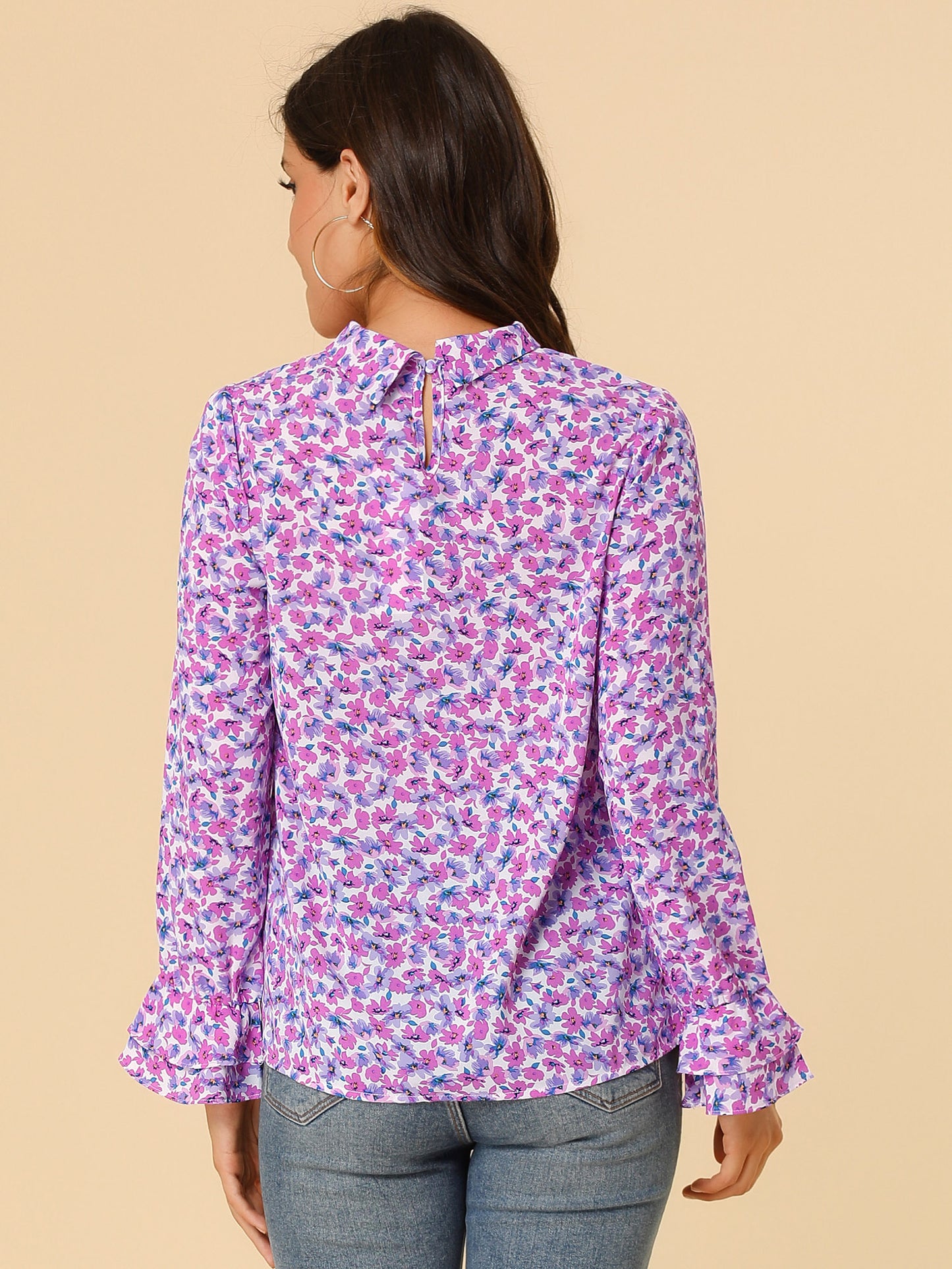 Women's Long Sleeve Blouse Floral Tie Neck Chiffon Ruffle Top
