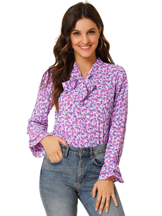 Women's Long Sleeve Blouse Floral Tie Neck Chiffon Ruffle Top