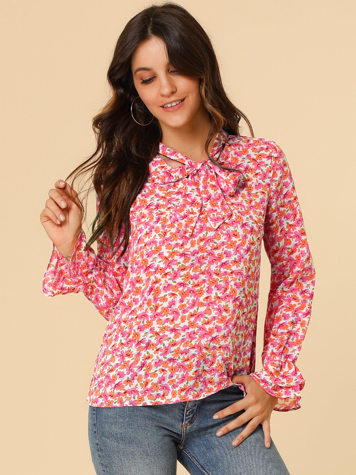 Blusa de gasa con volantes y cuello con lazo floral de manga larga para mujer
