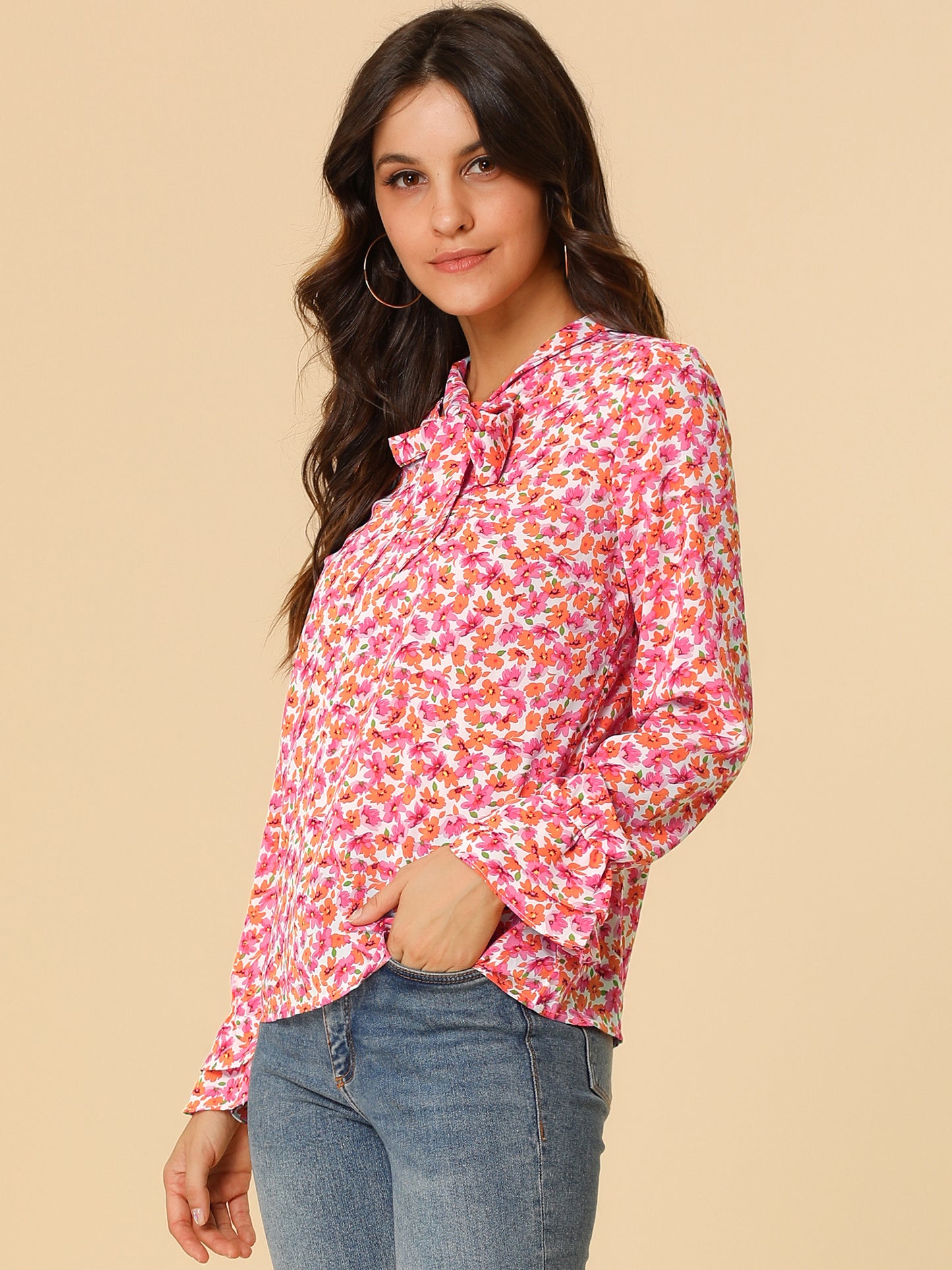 Blusa de gasa con volantes y cuello con lazo floral de manga larga para mujer