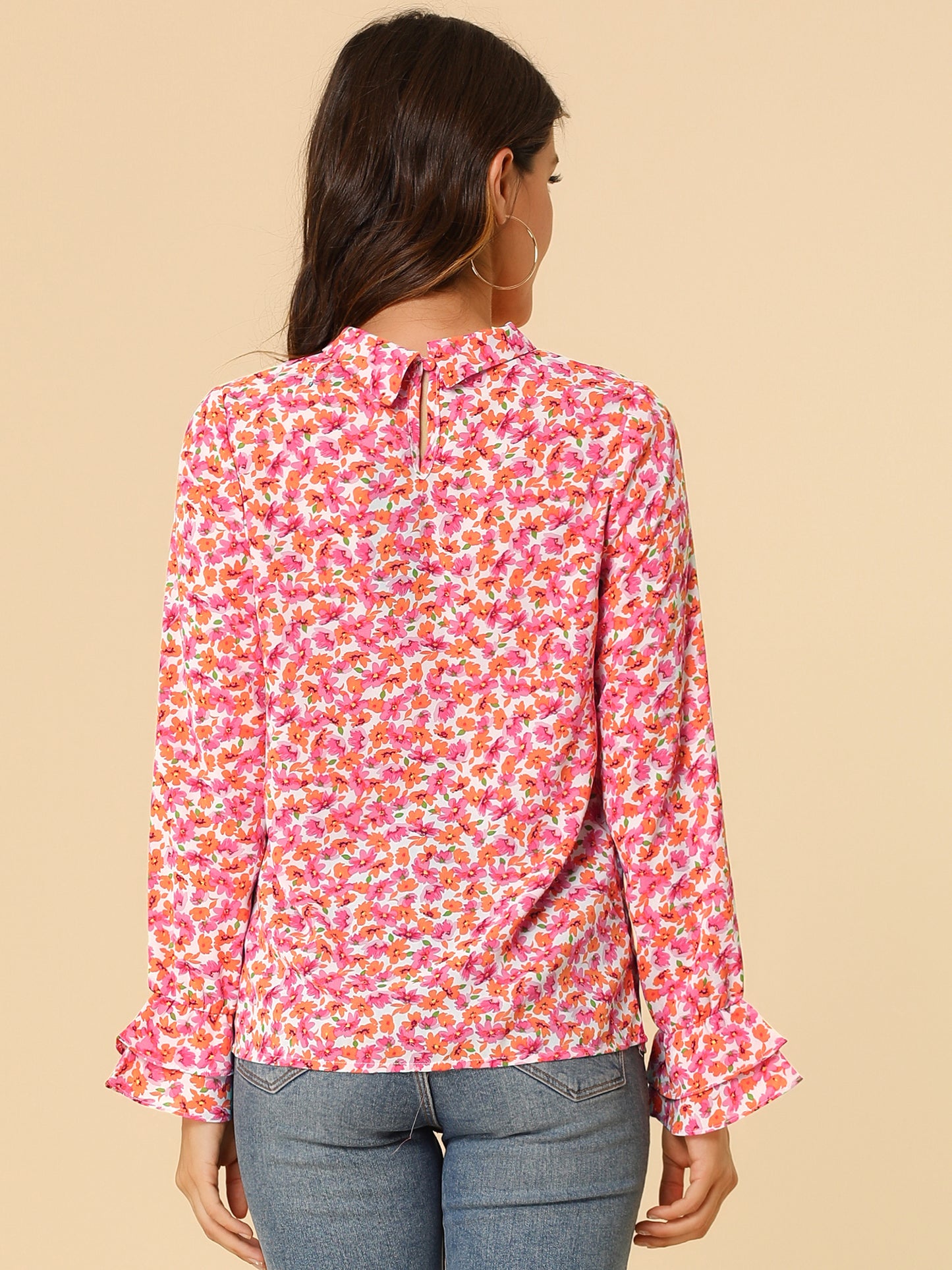 Blusa de gasa con volantes y cuello con lazo floral de manga larga para mujer