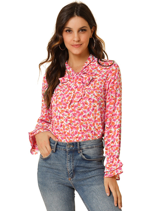 Blusa de gasa con volantes y cuello con lazo floral de manga larga para mujer