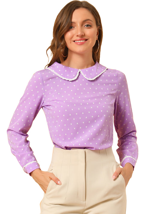 Women's Peter Pan Collar Blouse Long Sleeve Sweet Cute Printed Top