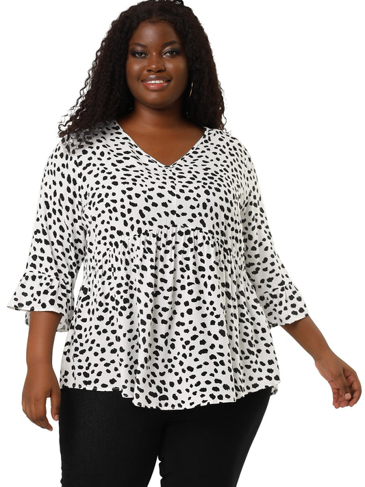 Women Plus Size Polka Dots Blouses V Neck 3/4 Ruffle Sleeve Peplum Top