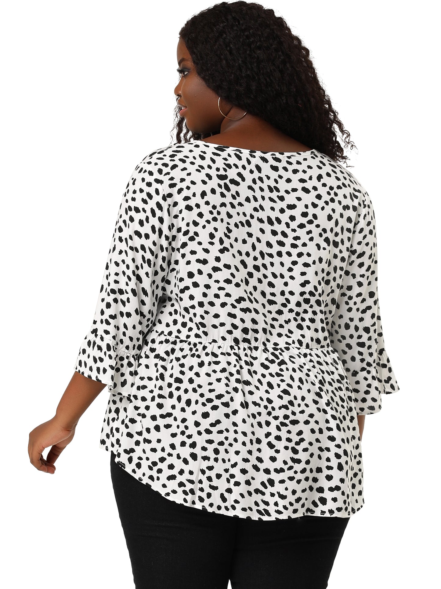 Women Plus Size Polka Dots Blouses V Neck 3/4 Ruffle Sleeve Peplum Top