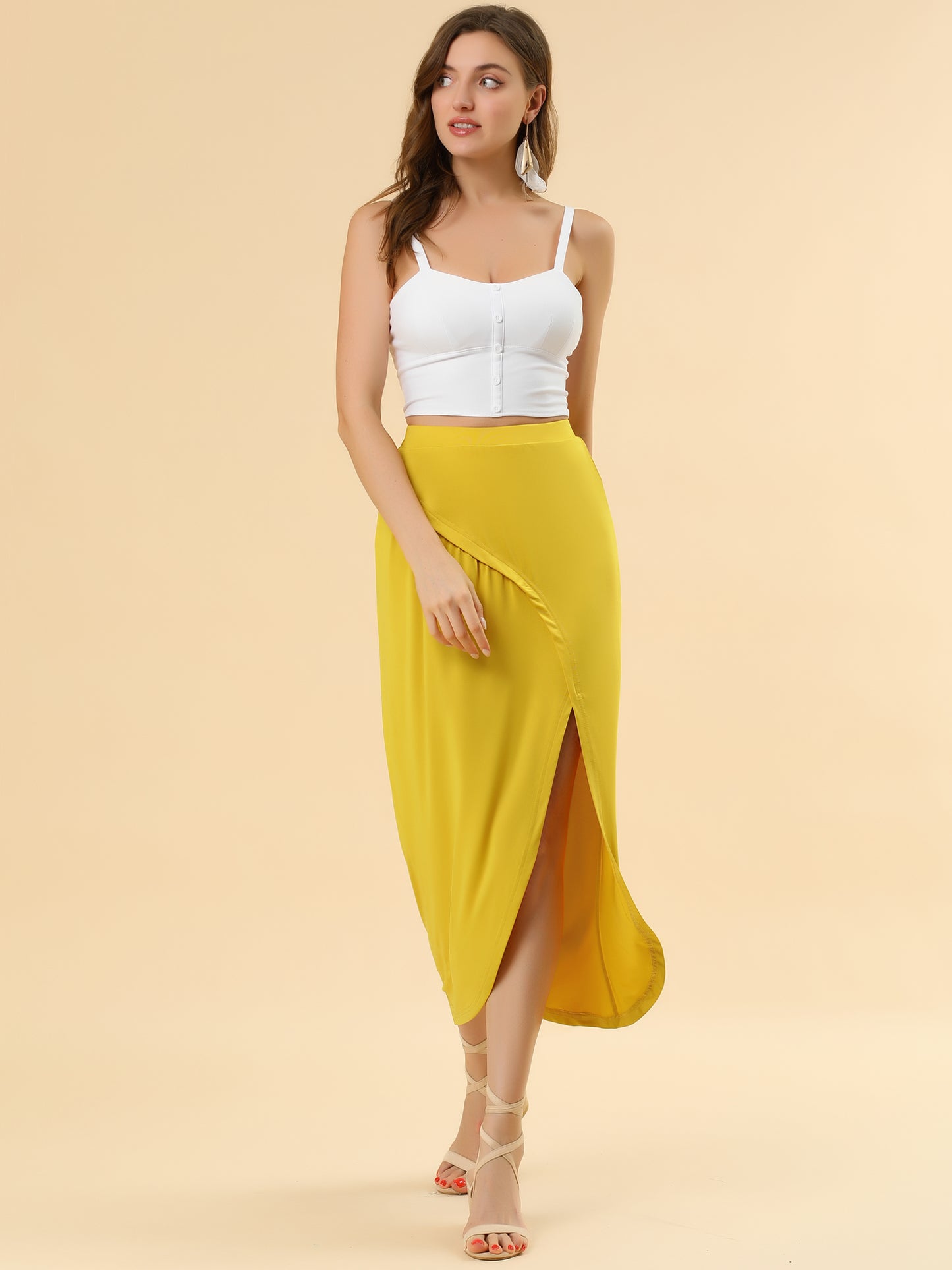 Women's Ruched Split High Waist Summer Long Maxi Skirt