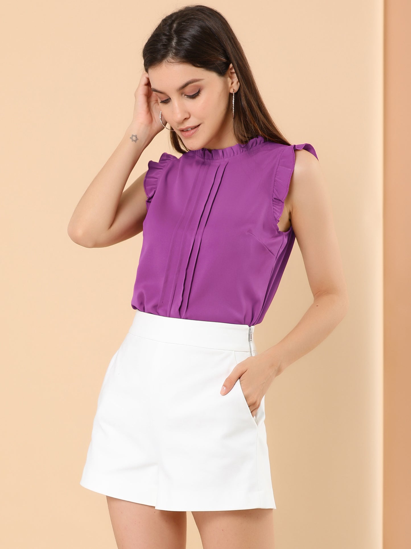 Women's Business Casual Sleeveless Ruffle Blouse Top