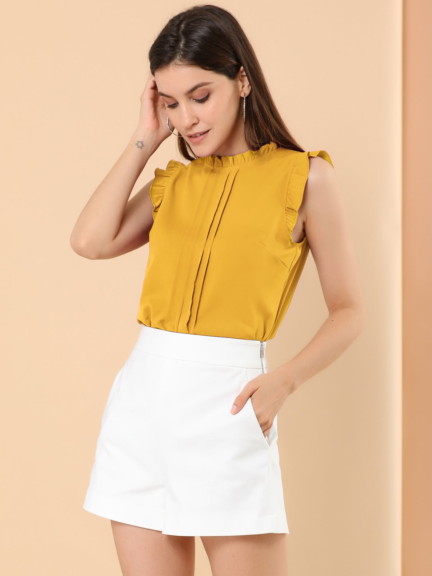 Blusa informal de negocios sin mangas con volantes para mujer