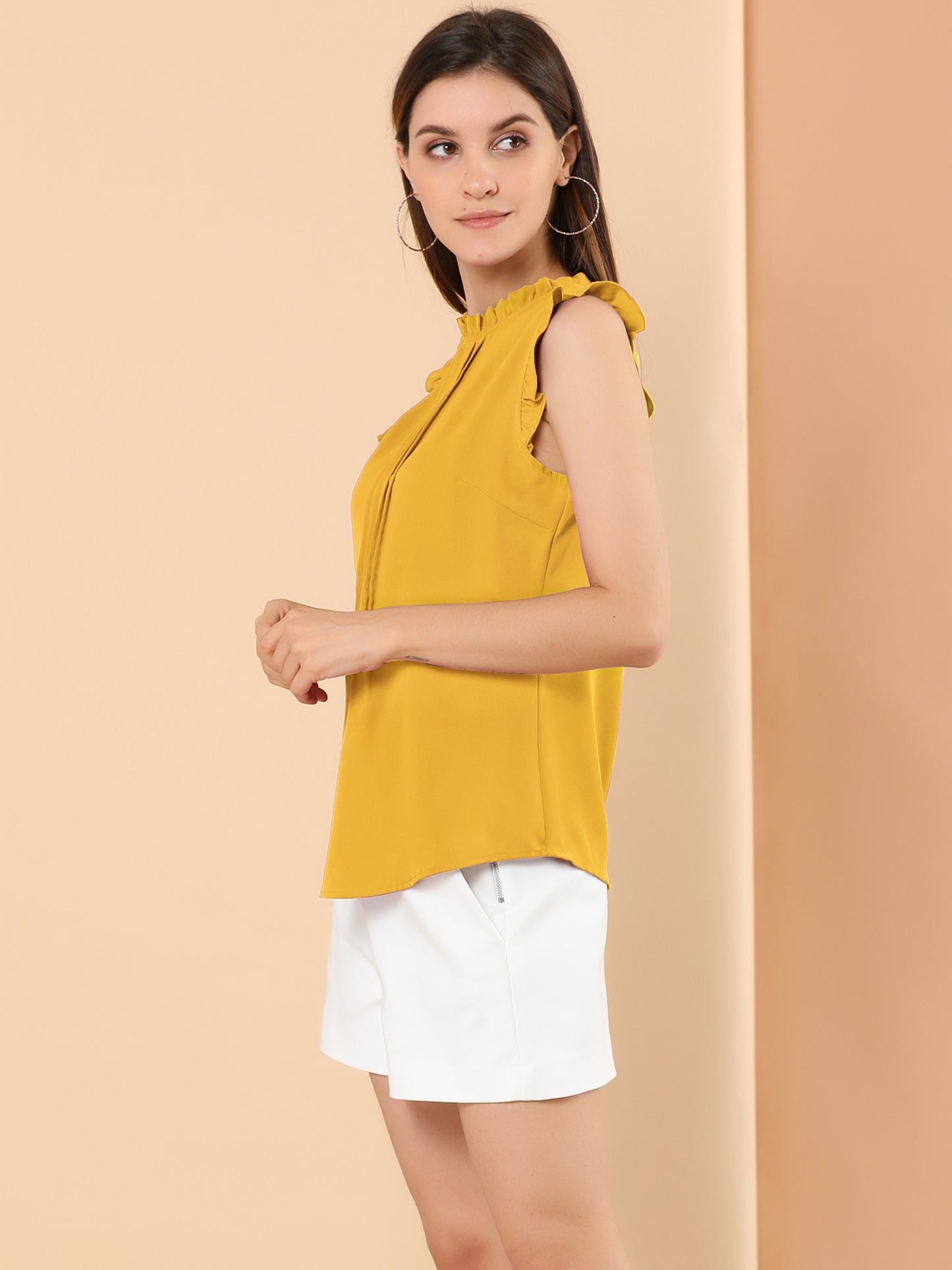 Blusa informal de negocios sin mangas con volantes para mujer