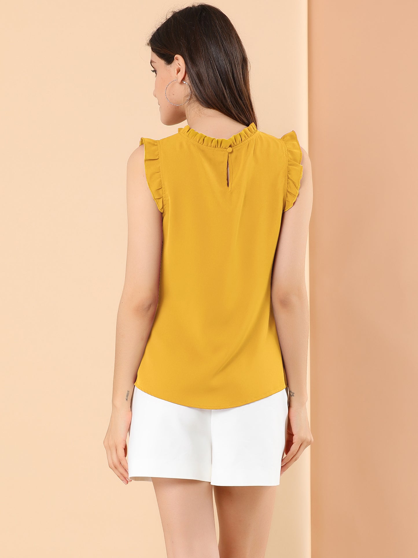Blusa informal de negocios sin mangas con volantes para mujer