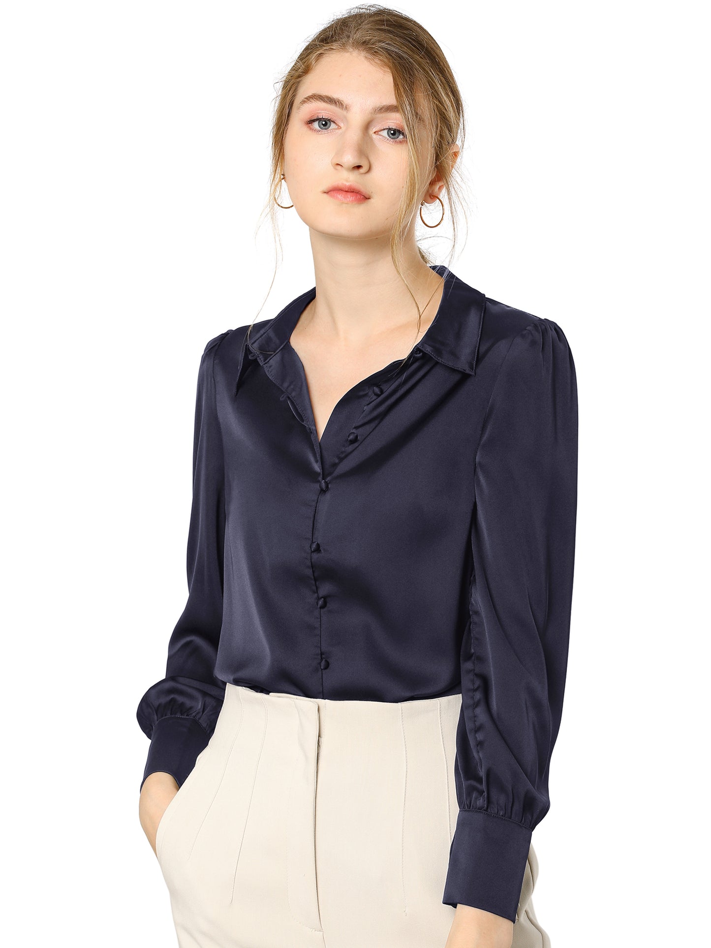 Women's Satin Puff Sleeve Collared Work Office Dressy Button Up Shirt, Deep Colors
