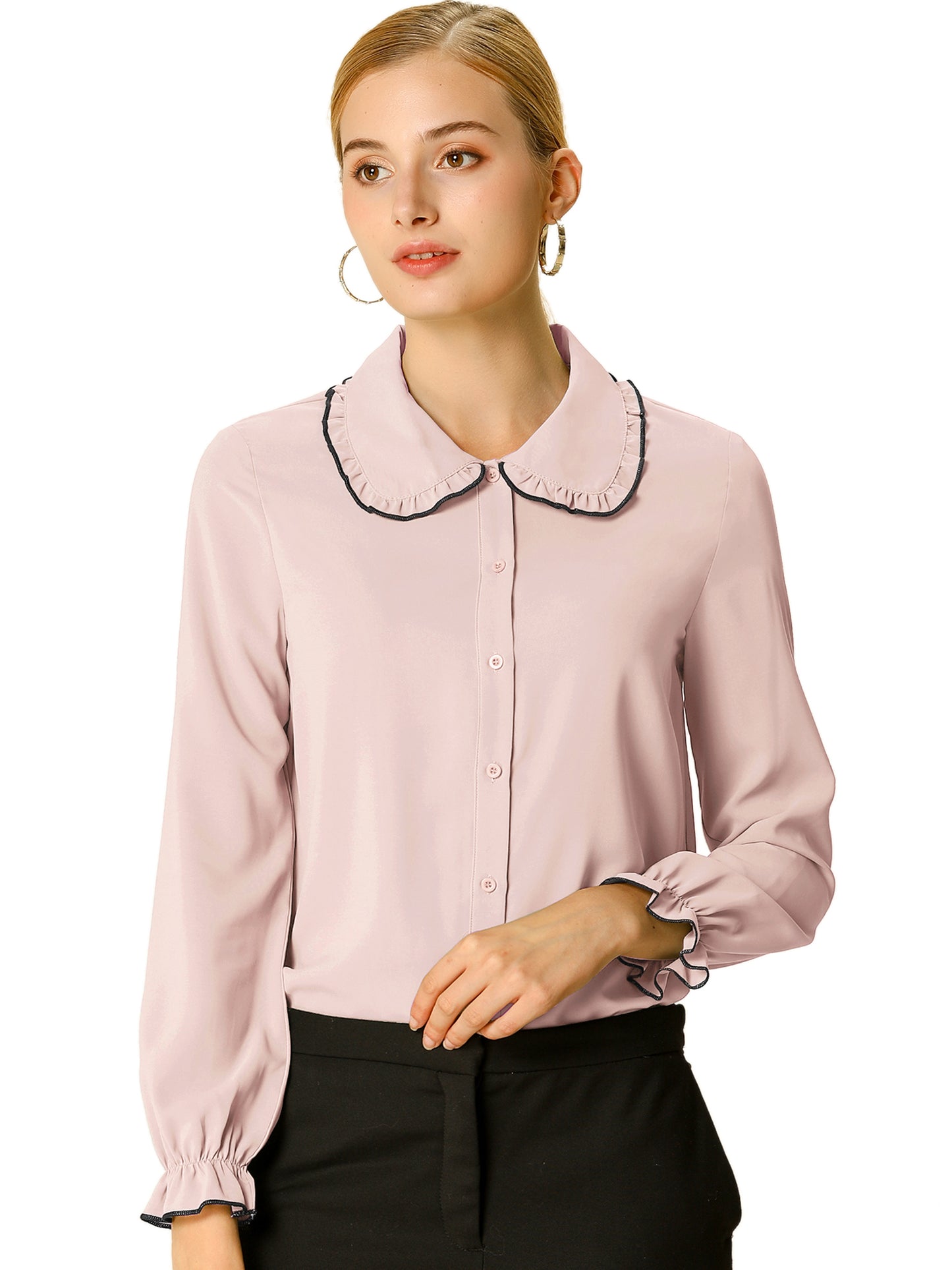 Women's Long Sleeve Sweet Ruffle Peter Pan Collar Button Down Shirt (Available in Plus Size)
