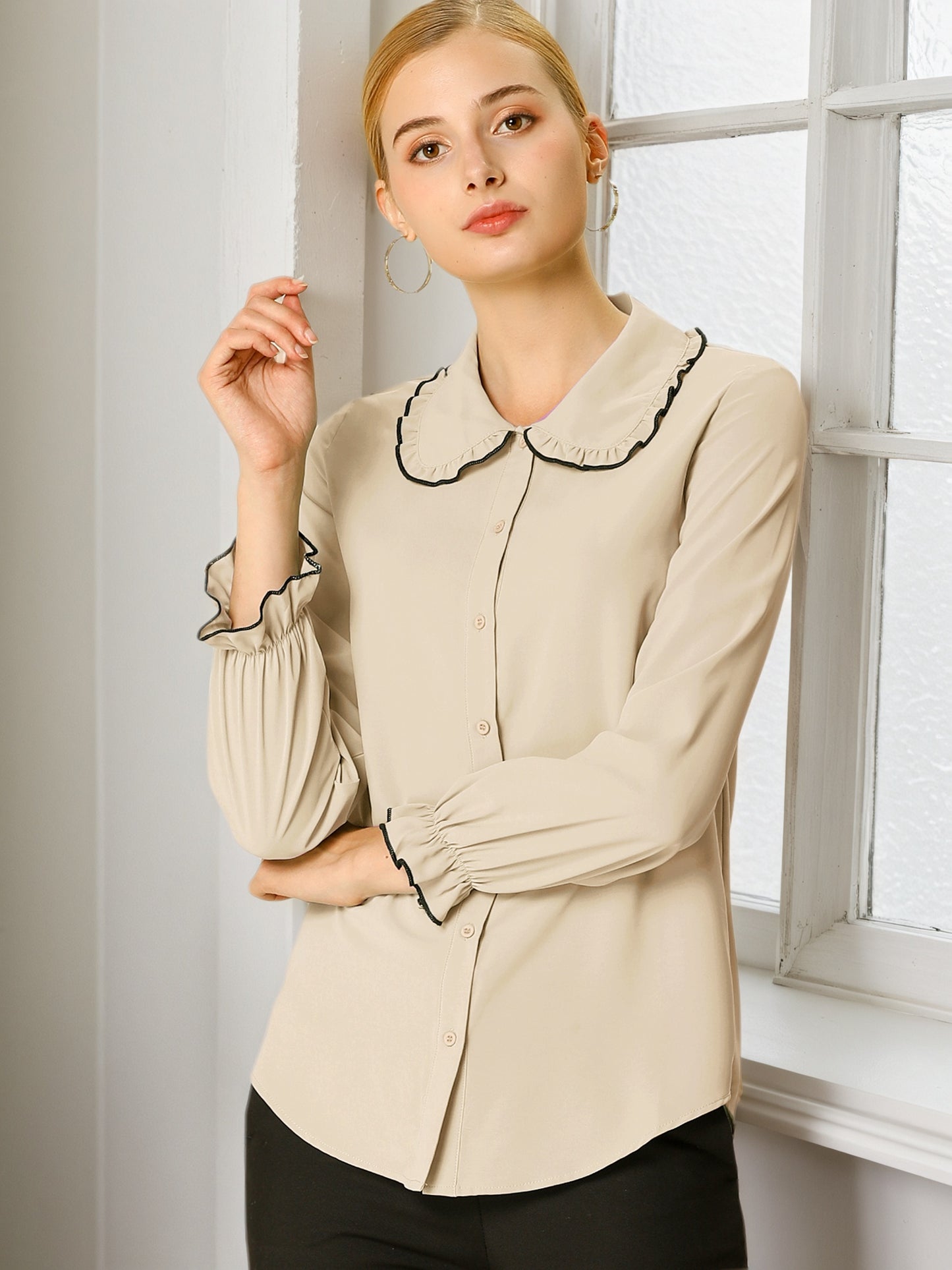 Women's Long Sleeve Sweet Ruffle Peter Pan Collar Button Down Shirt (Available in Plus Size)