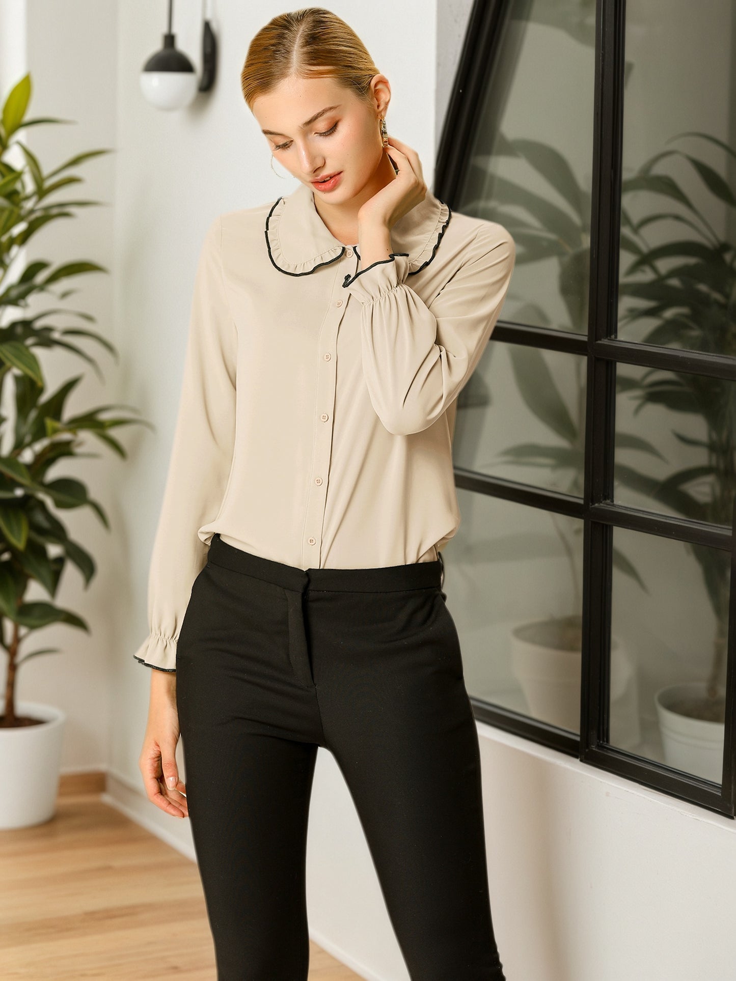 Women's Long Sleeve Sweet Ruffle Peter Pan Collar Button Down Shirt (Available in Plus Size)