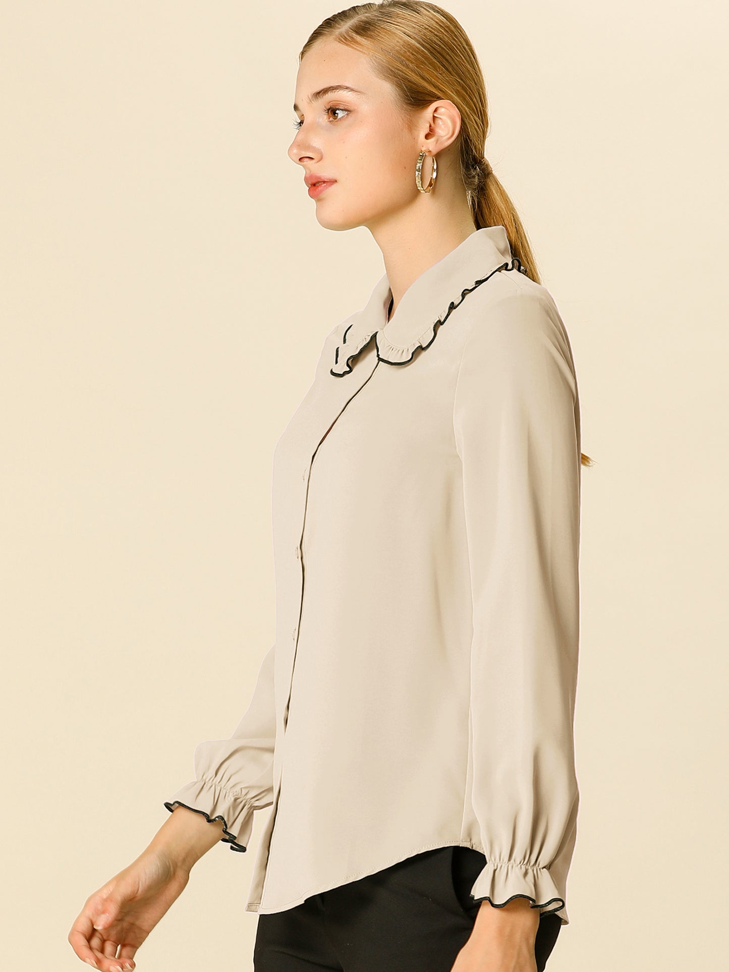 Women's Long Sleeve Sweet Ruffle Peter Pan Collar Button Down Shirt (Available in Plus Size)