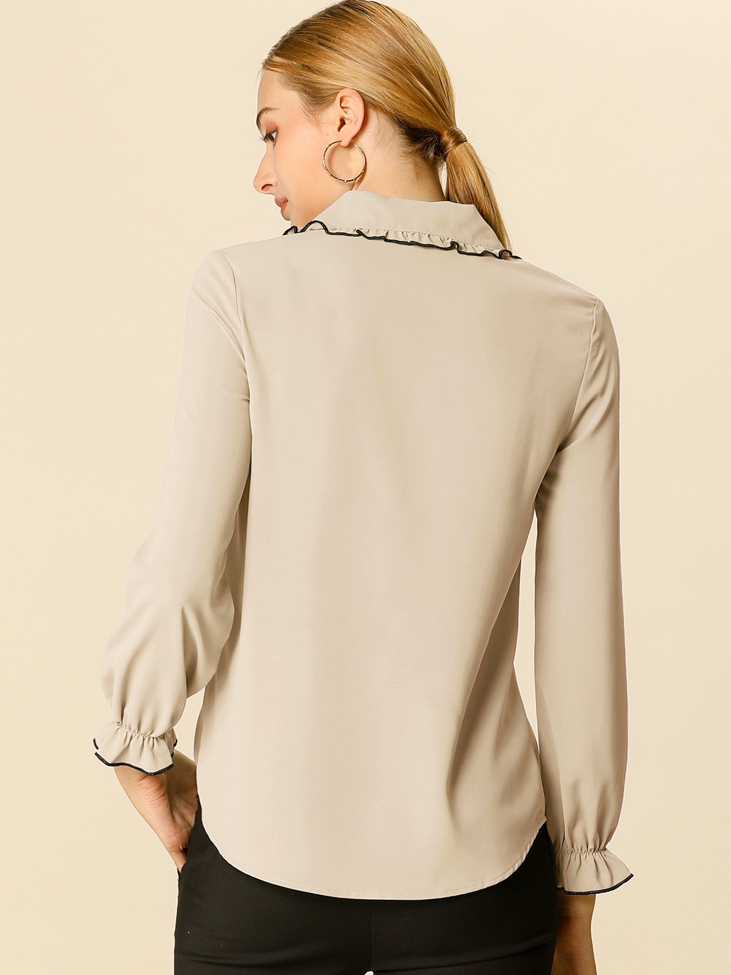 Women's Long Sleeve Sweet Ruffle Peter Pan Collar Button Down Shirt (Available in Plus Size)